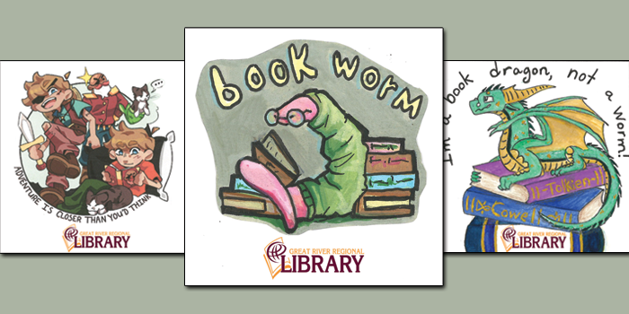 Image of winning sitcker (bookworm in a sweater and reading glasses), and runner-up designs (action book coming to life, and a book dragon)
