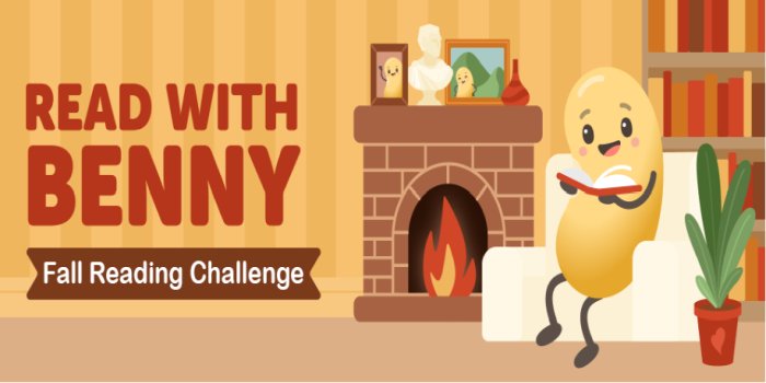 Read with Benny: Fall Reading Challenge [bean reading a book next to a fireplace]