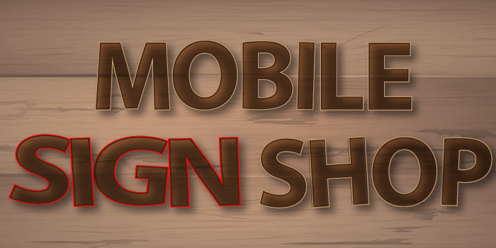 Mobile Sign Shop text with wood background