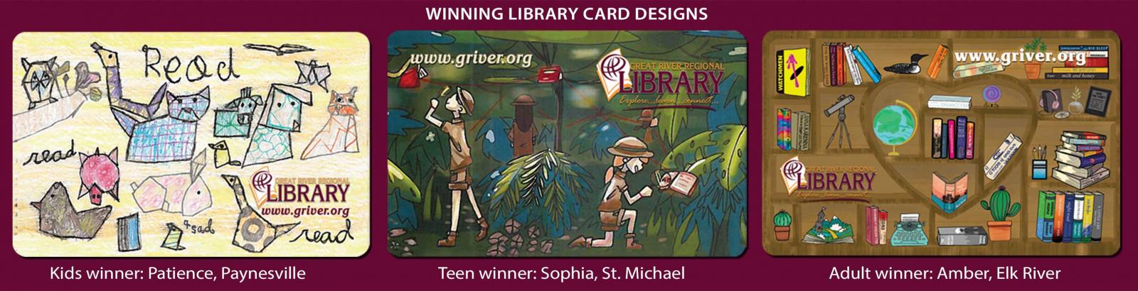 Three library card designs, first is origami animals, second is a jungle exploration, and third is a heart shaped book shelf
