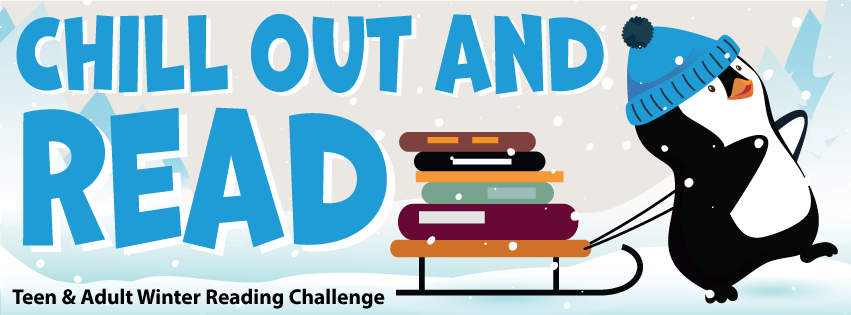 Chill out and Read! Winter Reading Challenge [Penguin pulling a sled stacked with books]