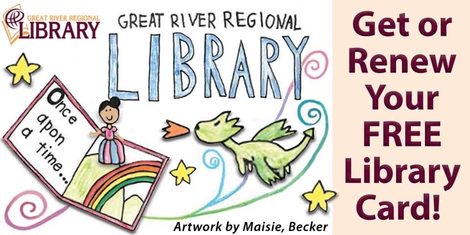 Get or Renew Your FREE Library Card; dragon breathing fire, Once Upon a Time storybook opening with a princess on top