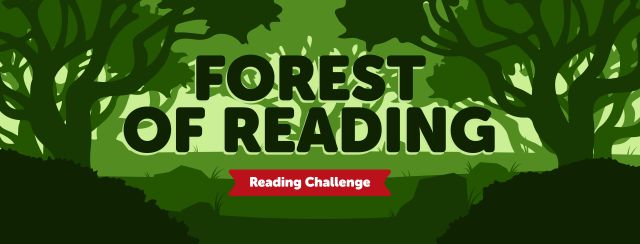 Text: Forest of Reading - Reading Challenge; Imagery: dark green forest background