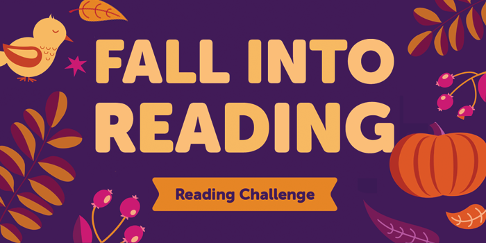 Fall into Reading, deep purple color, orange leaves, birds and pumpkins