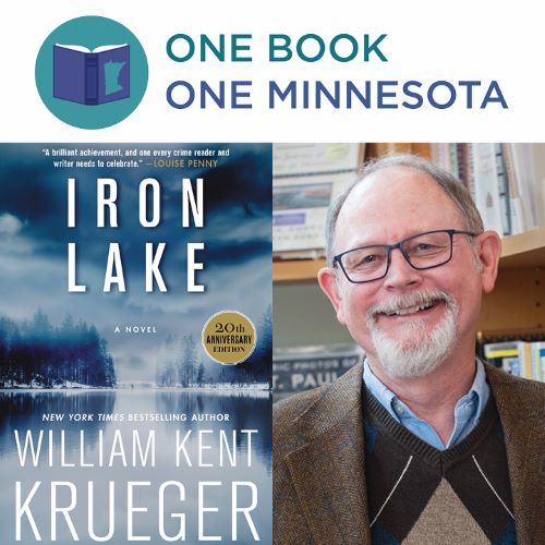 Cover of Iron Lake novel and male author William Kent Krueger side by side