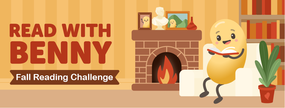 Read with Benny: Fall Reading Challenge [bean reading a book next to a fireplace]