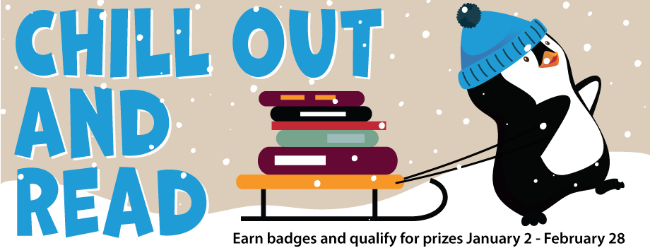 Chill out and Read! Winter Reading Challenge [Penguin reading a snowman book; two penguins going down a snow hill on an inner tube]