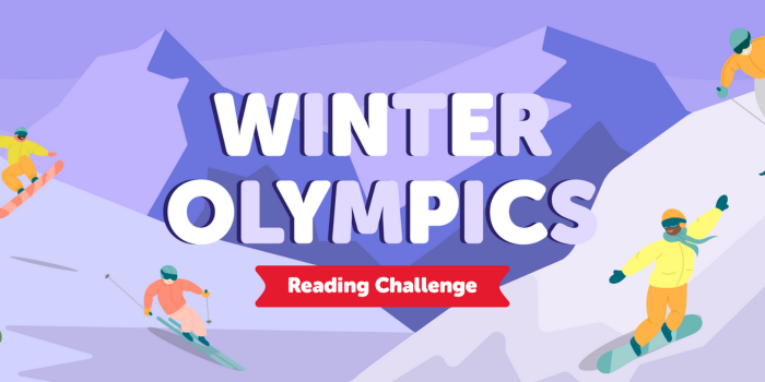 Winter Olympics Reading Challenge (skiers and snowboarders riding down a snowy mountaintop) 