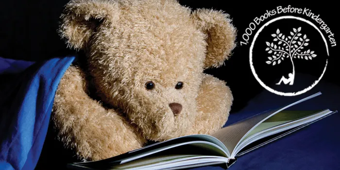 1,000 Books Before Kindergarten logo with teddy bear reading