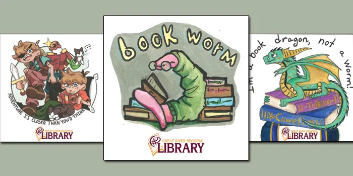 Image of winning sitcker (bookworm in a sweater and reading glasses), and runner-up designs (action book coming to life, and a book dragon)