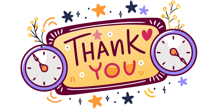 Thank You message with clocks and stars around
