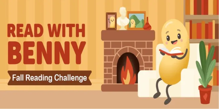 Read with Benny: Fall Reading Challenge [bean reading a book next to a fireplace]
