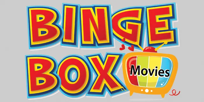 Binge Box Movies text with 50's era style TV next to Box