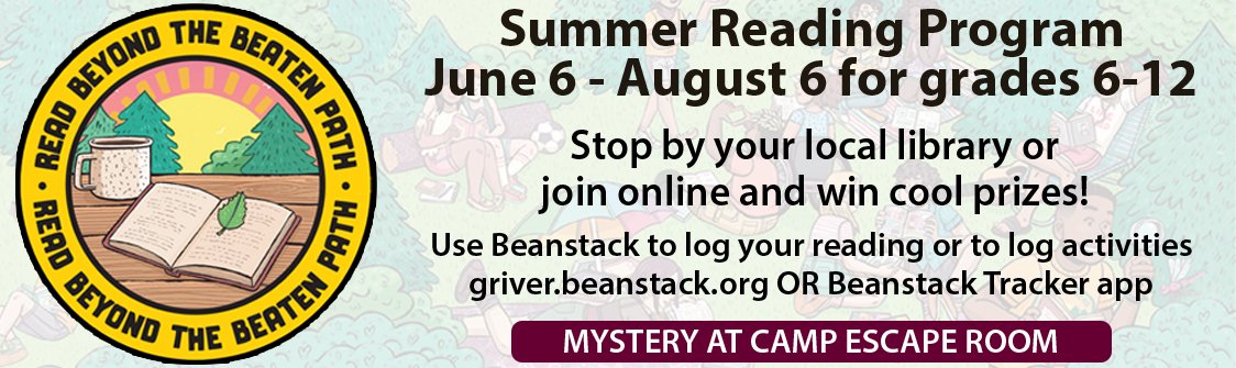 Summer Reading Program Banner, click to do the mystery at camp escape room